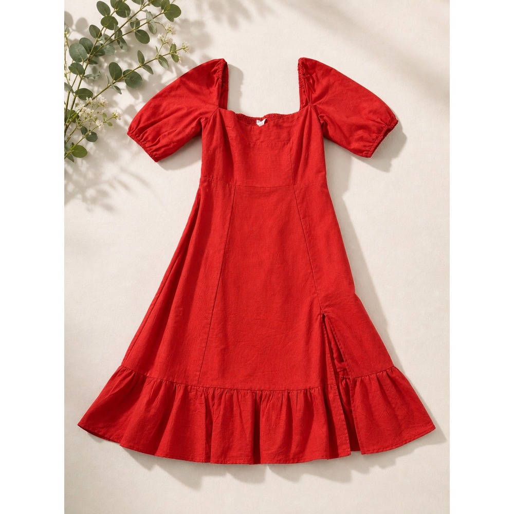 Beyond Words Red Puff Sleeve Smocked Back Midi Dress Square Neck Slit NWT Medium